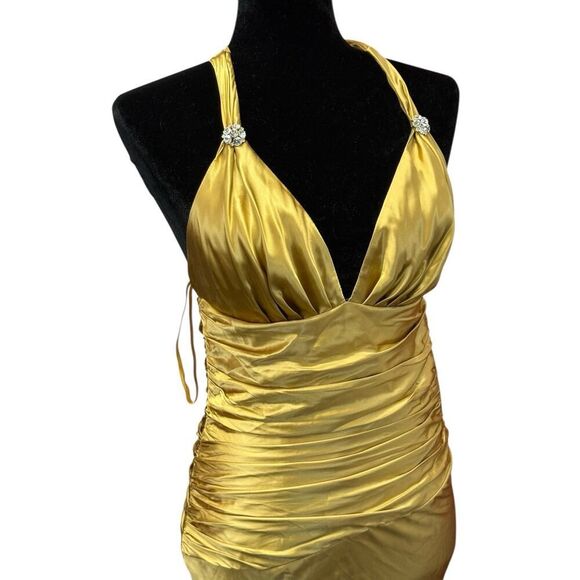 Cache Gold Silk Satin Halter Dress Size 2 NWT Vintage Glam Ruched Ruffle Gown - Picture 5 of 16
